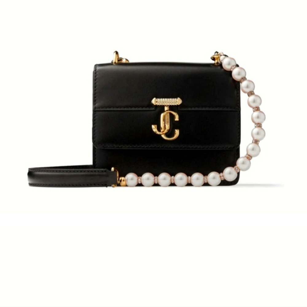 Jimmy Choo Avenue Quad leather black shoulder or crossbody bag with pearl strap.